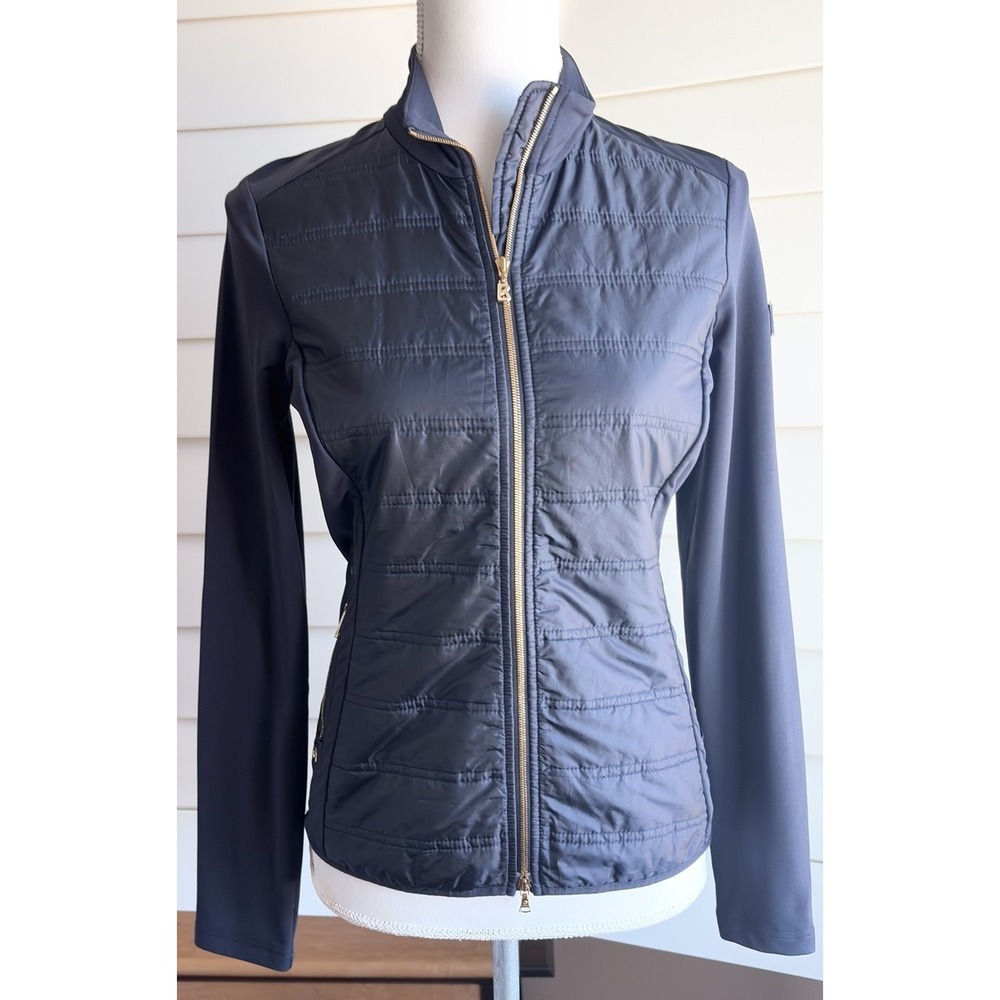 Bogner Women XS Navy Quilted Hybrid Jacket Full Zip Stretch Gold Hardware Light